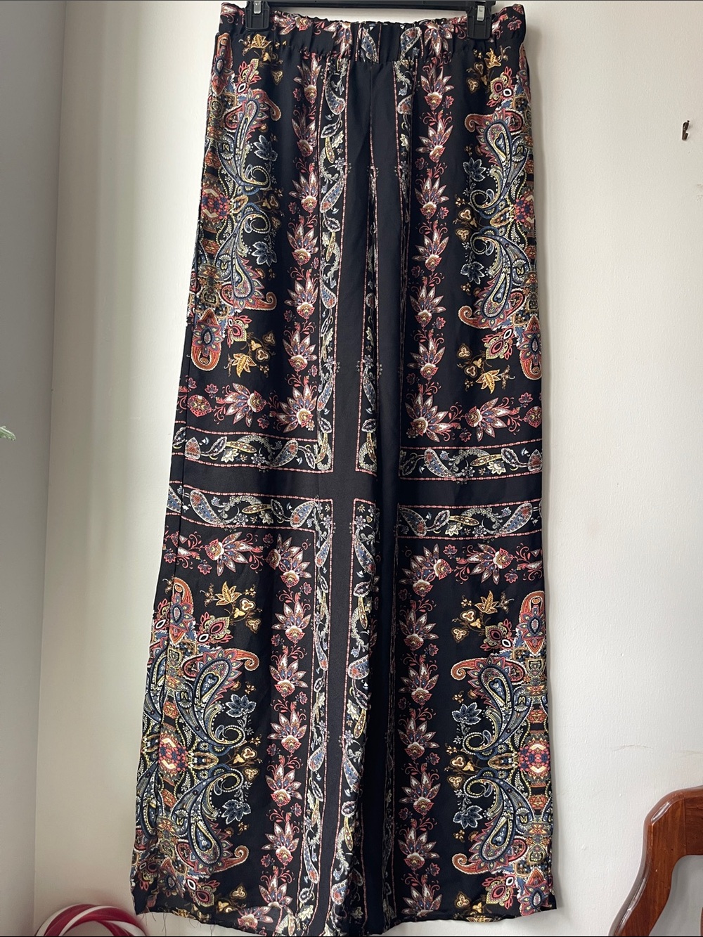Black Paisley Wide Leg Pants with Drawstring